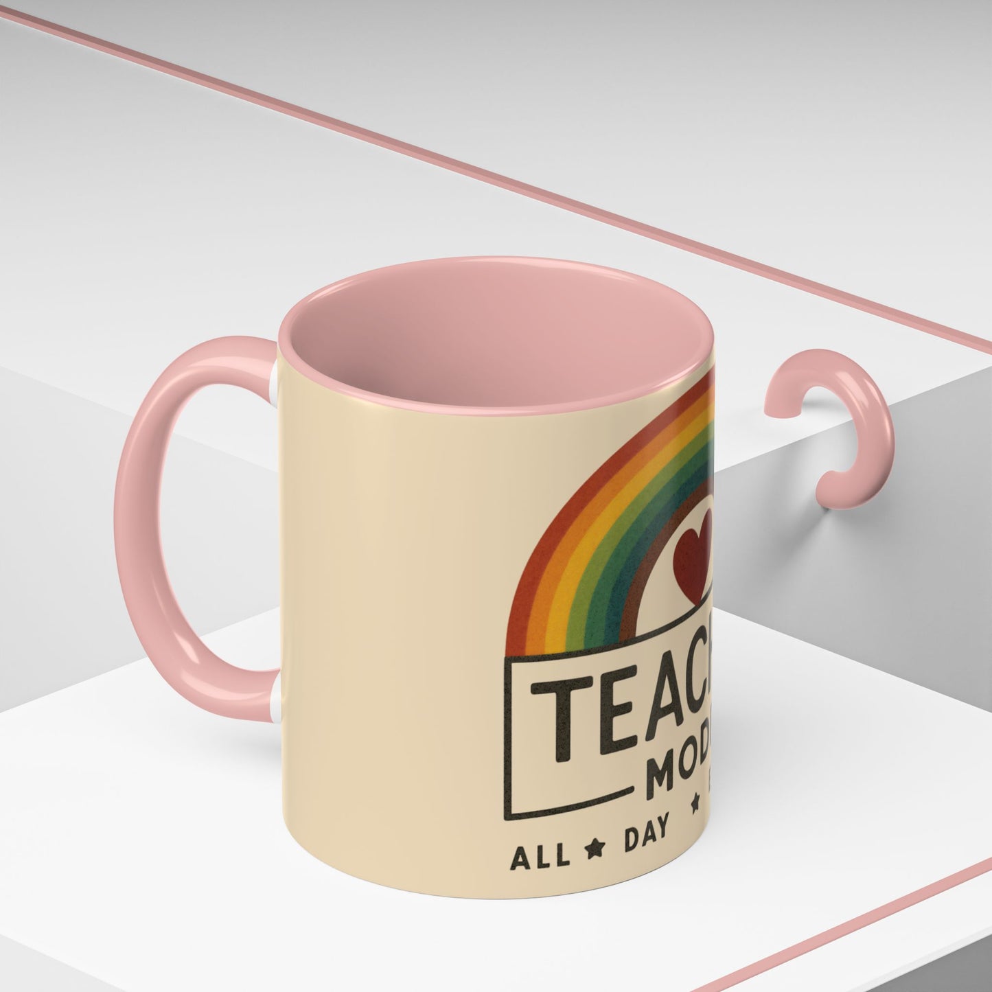 Teacher Mode – Color Accent Mug (11oz/15oz) • Rainbow Heart • Teacher Gift • Dishwasher & Microwave Safe