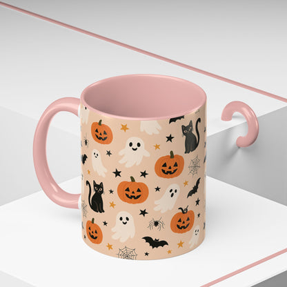 Halloween Color Accent Mug – Ghosts, Pumpkins & Black Cats, Fall Coffee Cup (11oz & 15oz) – Boutique Spooky Season Drinkware