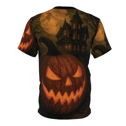 Haunted Jack-O’-Lantern – Gothic AOP Unisex Halloween T-Shirt | Pumpkin & Haunted House Tee