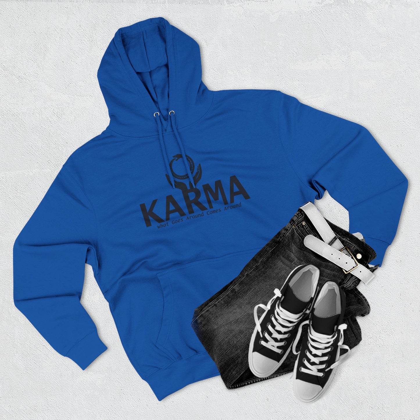 Karma Hoodie — “What Goes Around Comes Around” Minimalist Spiritual Quote Hoodie (Lane Seven Premium Fleece)