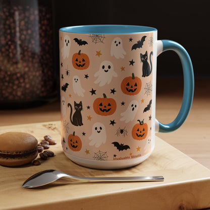 Halloween Color Accent Mug – Ghosts, Pumpkins & Black Cats, Fall Coffee Cup (11oz & 15oz) – Boutique Spooky Season Drinkware