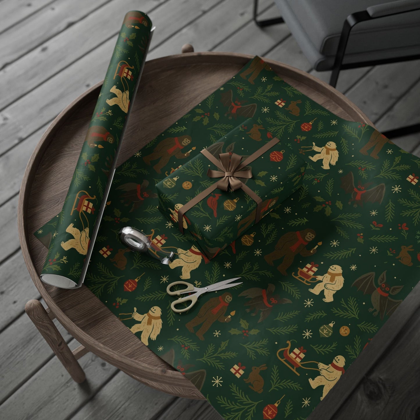 Cryptid Christmas Parade – Luxury Holiday Wrapping Paper, Folk-Art Bigfoot & Mothman Gift Wrap, 30" Roll (Matte/Gloss)