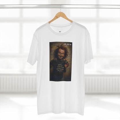 Creepy Killer Doll Mugshot T-Shirt – Halloween Horror Tee, Boutique DTG Print, Premium Cotton Tee, 90s VHS Aesthetic