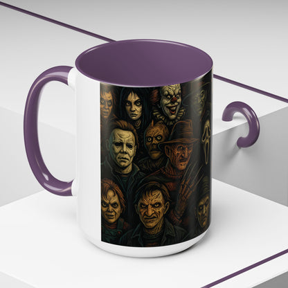 Horror Villain Collage Mug – 15oz & 11oz Ceramic Coffee Mug – Slasher Icons Halloween Gift – Goth Horrorcore Kitchen Decor