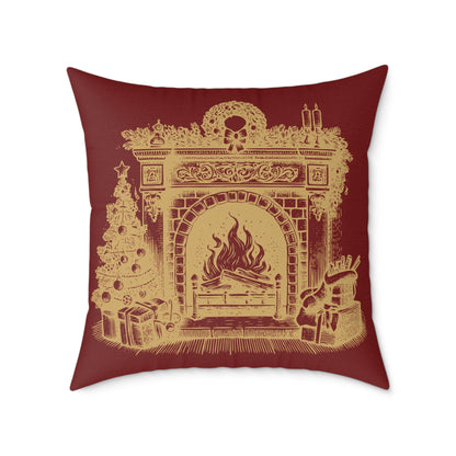 Vintage Fireplace Christmas Throw Pillow – Red & Gold Mantel with Candy Cane Pattern Back