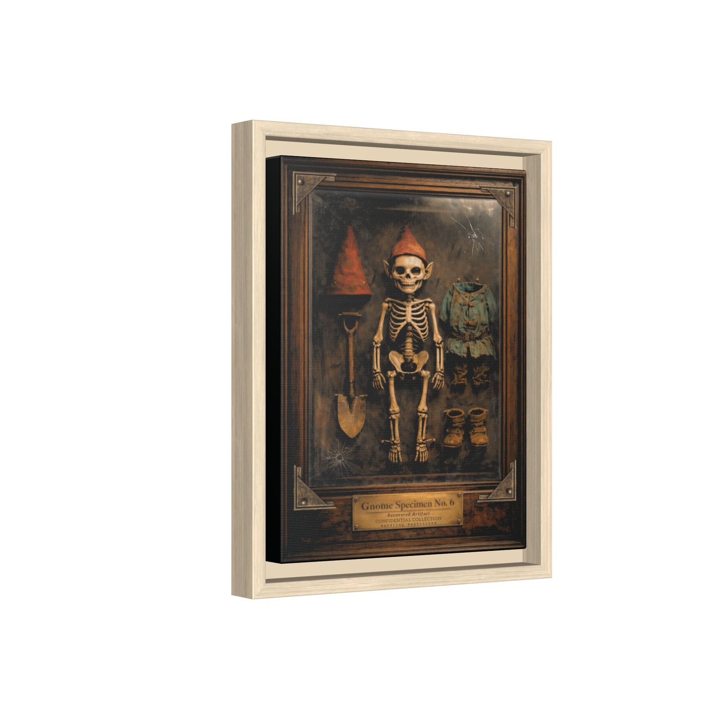 Gnome Specimen No. 6 Framed Canvas Print – Dark Curiosity Cabinet Wall Art, Gothic Skeleton Gnome Decor