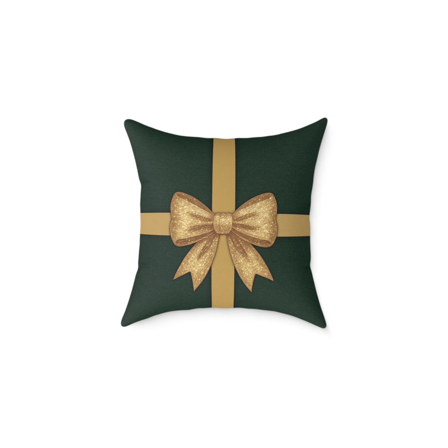 Emerald Gift Box Throw Pillow – Green & Gold Present with Pine Tree Pattern Back