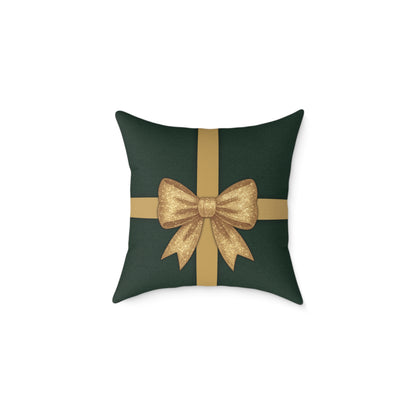 Emerald Gift Box Throw Pillow – Green & Gold Present with Pine Tree Pattern Back