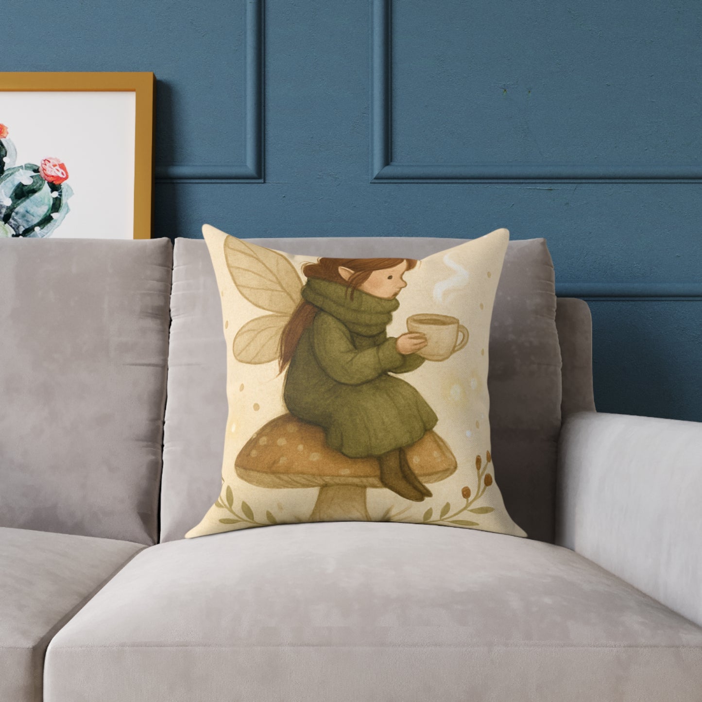 Cozy Winter Fairy Throw Pillow – Tea on a Toadstool & Lantern Fairy Canvas Cushion