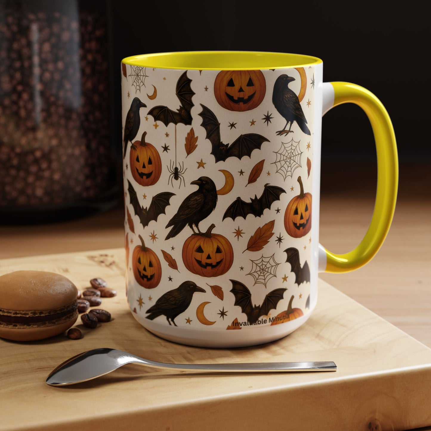 Halloween Raven & Pumpkin Color Accent Mug – Gothic Crow, Bats & Jack-o’-Lantern Coffee Cup (11oz & 15oz) – Spooky Autumn Drinkware