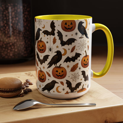 Halloween Raven & Pumpkin Color Accent Mug – Gothic Crow, Bats & Jack-o’-Lantern Coffee Cup (11oz & 15oz) – Spooky Autumn Drinkware