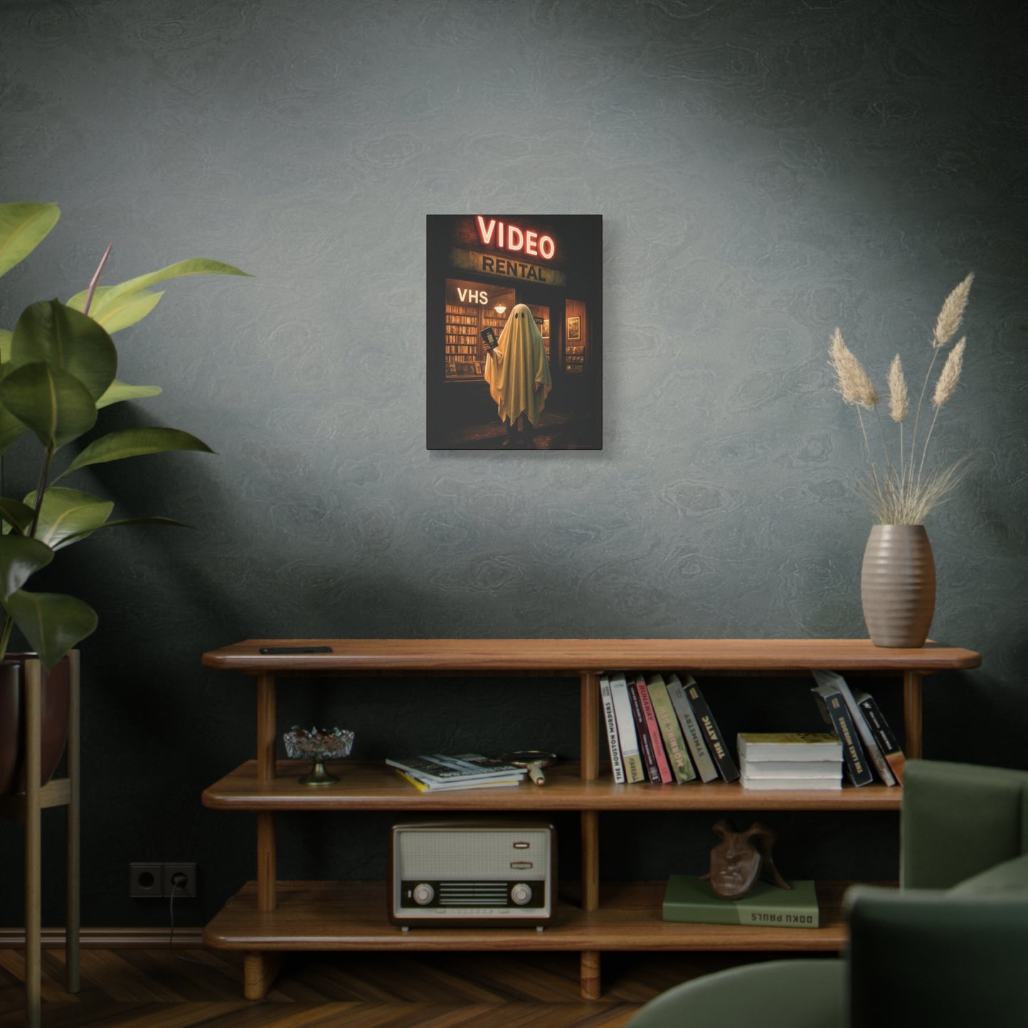 Retro Video Rental Ghost – VHS Nostalgia Matte Stretched Canvas Wall Art | 90s Spooky Decor