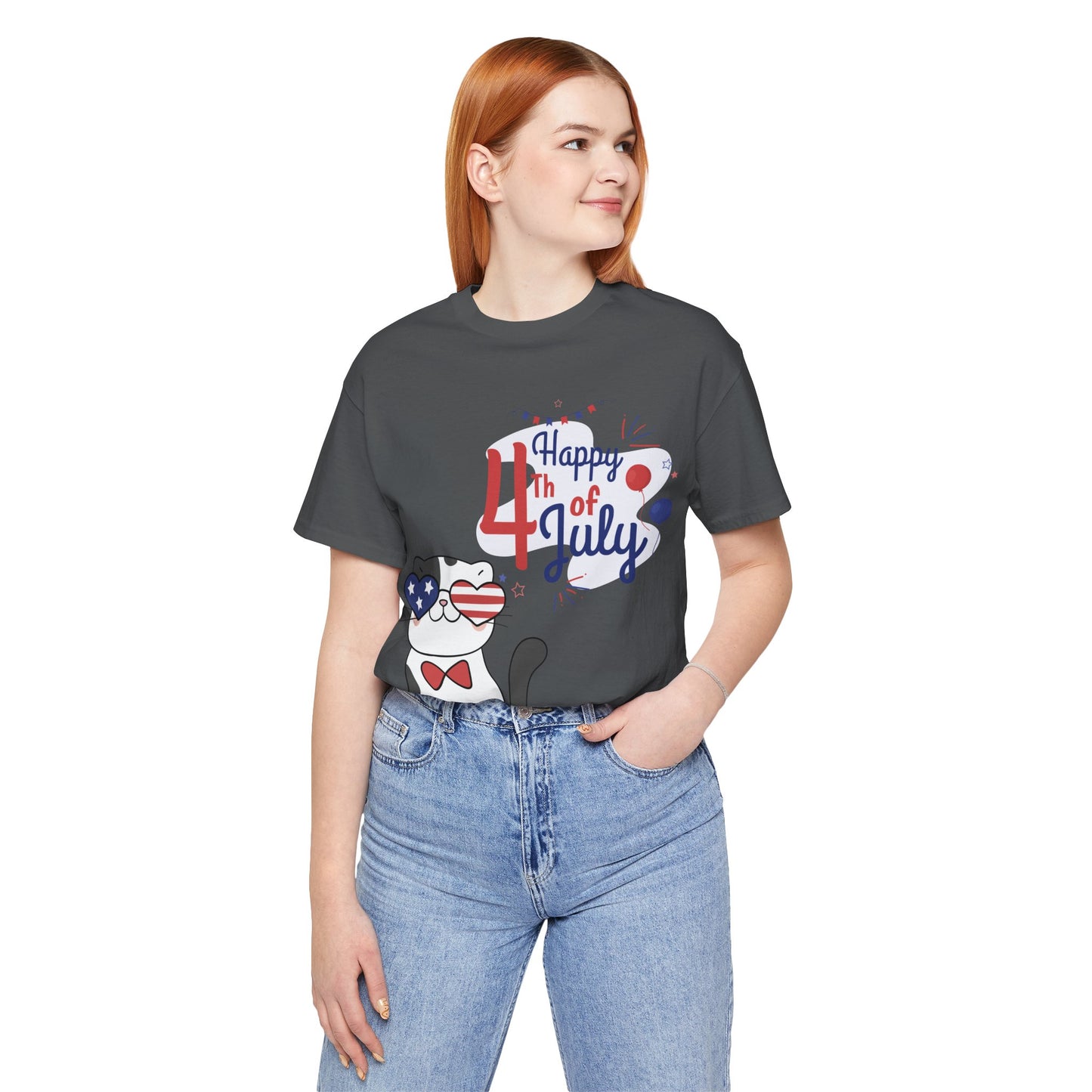 Patriotic Party Cat Tee – Happy 4th of July – Unisex Bella+Canvas Jersey Tee - 4th of July Tee