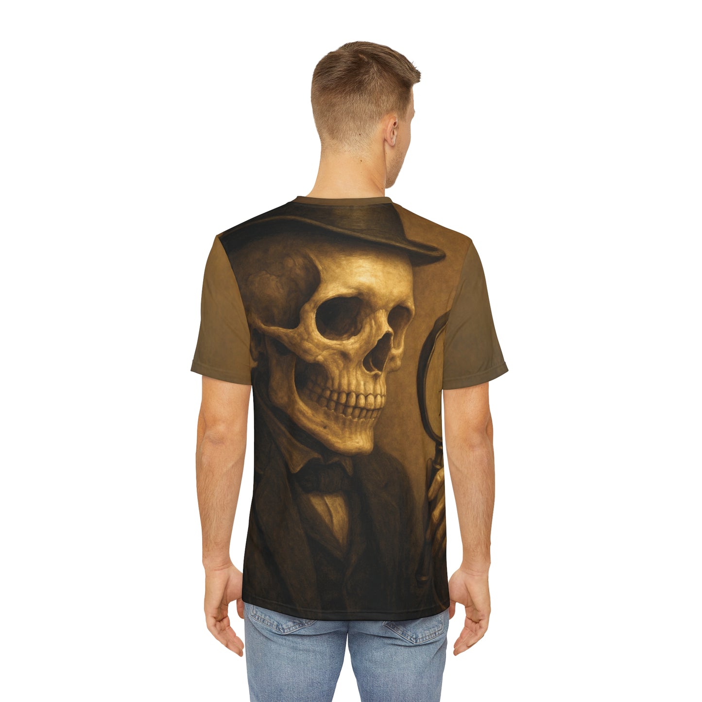 Skeleton Sleuth – Gothic AOP Unisex T-Shirt | Vintage Detective Skull Tee