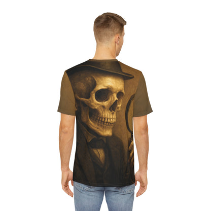 Skeleton Sleuth – Gothic AOP Unisex T-Shirt | Vintage Detective Skull Tee