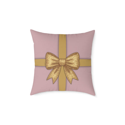 Blush Pink & Gold Gift Box Throw Pillow – Holiday Icon Pattern Canvas Cushion