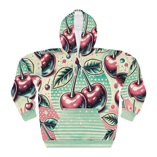 Vintage Cherry Pop All Over Print Unisex Pullover Hoodie - Retro Style for Cozy Days