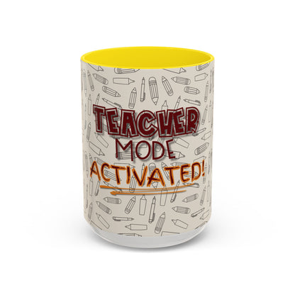 Funny Teacher Coffee Mug – Back to School Gift – “Teacher Mode Activated” – Color Accent 11oz 15oz – Classroom Decor – Durable Ceramic – Education Life