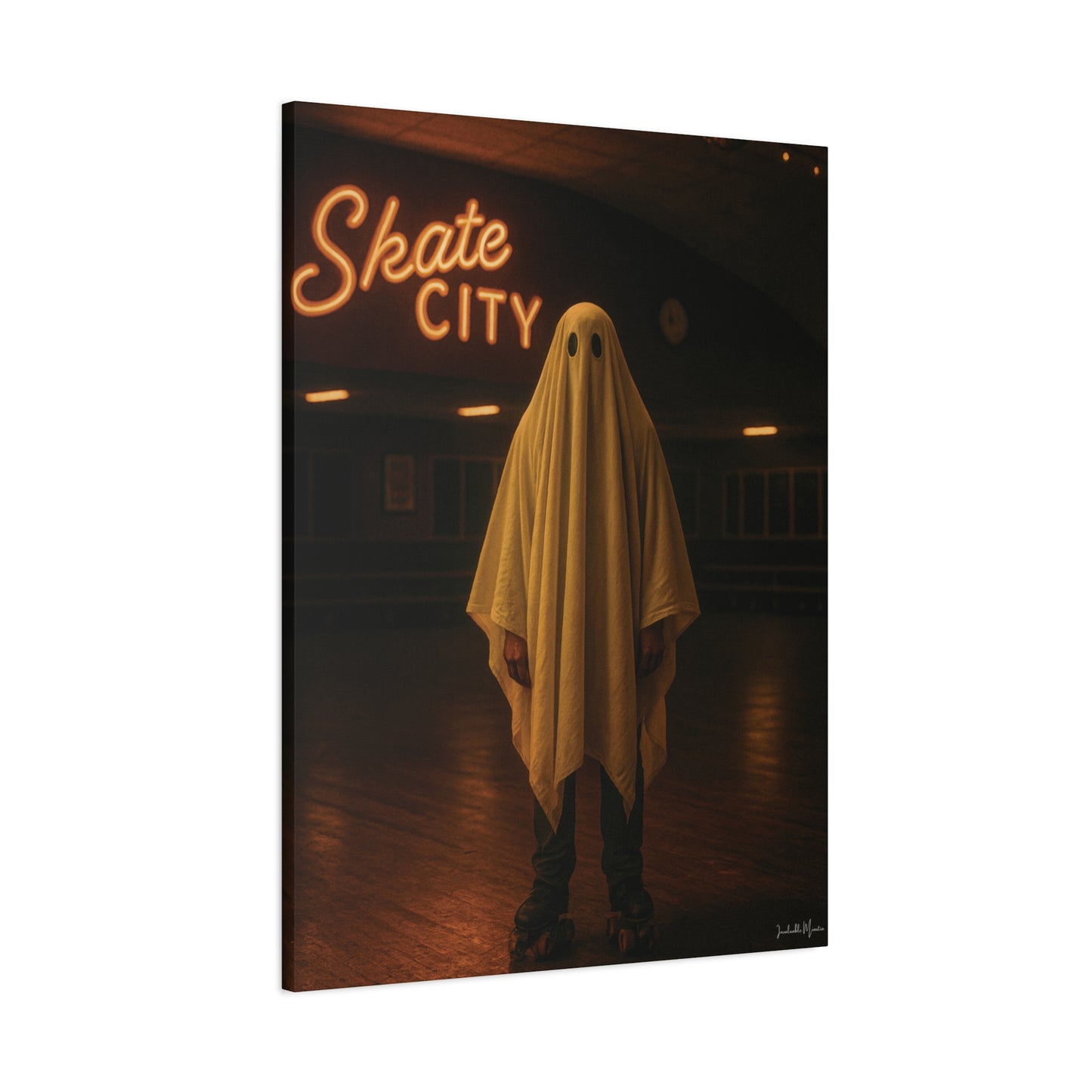Ghost at the Roller Rink Canvas Wall Art – Retro 80s Nostalgic Halloween Decor