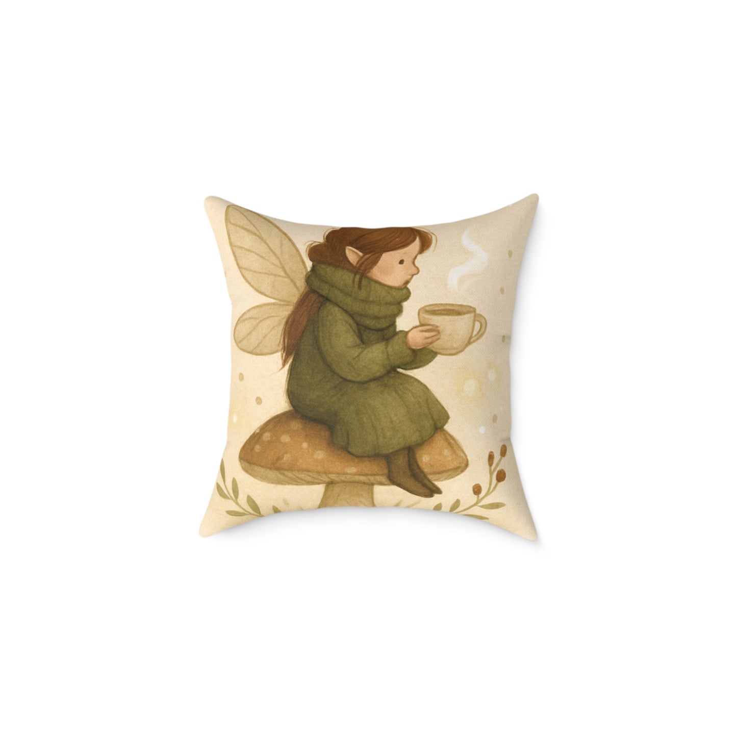 Cozy Winter Fairy Throw Pillow – Tea on a Toadstool & Lantern Fairy Canvas Cushion