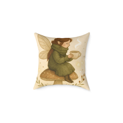 Cozy Winter Fairy Throw Pillow – Tea on a Toadstool & Lantern Fairy Canvas Cushion
