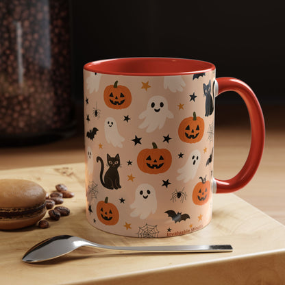 Halloween Color Accent Mug – Ghosts, Pumpkins & Black Cats, Fall Coffee Cup (11oz & 15oz) – Boutique Spooky Season Drinkware
