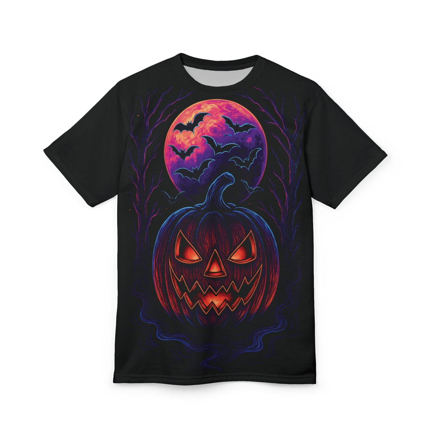 Neon Jack-o’-Lantern AOP Halloween T-Shirt – Glowing Pumpkin & Bats Extra Large Print Tee (All-Over Print)