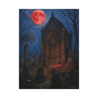 "Blood Moon Mausoleum" – Gothic Graveyard Fine Art Matte Canvas Print (Vertical)