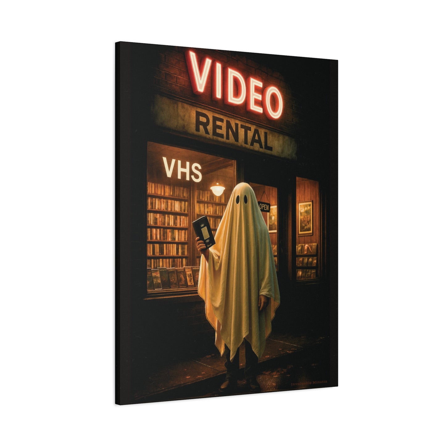 Retro Video Rental Ghost – VHS Nostalgia Matte Stretched Canvas Wall Art | 90s Spooky Decor