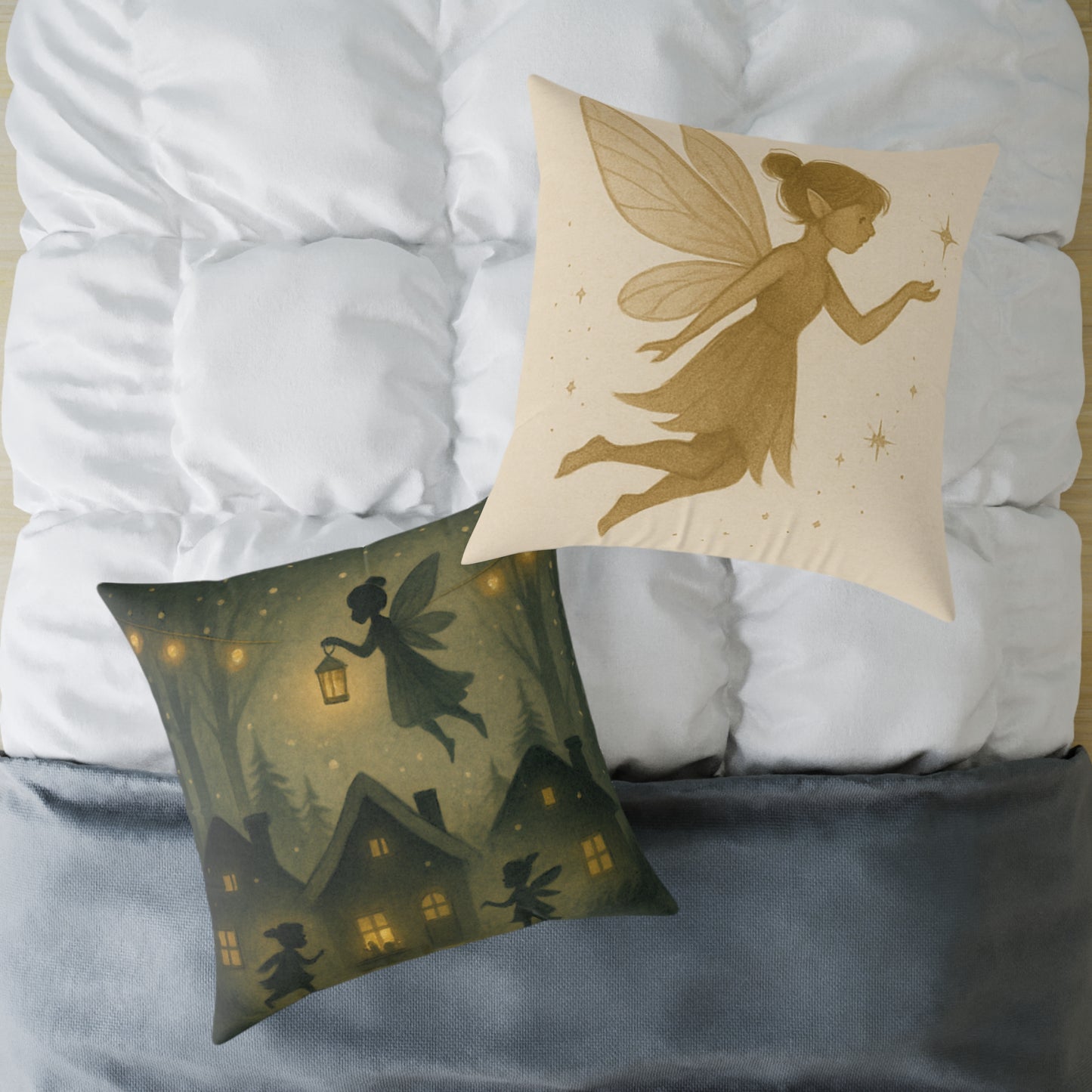 Winter Night Fairies Throw Pillow – Lantern Village Scene Dual-Sided Canvas Cushion