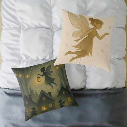 Winter Night Fairies Throw Pillow – Lantern Village Scene Dual-Sided Canvas Cushion