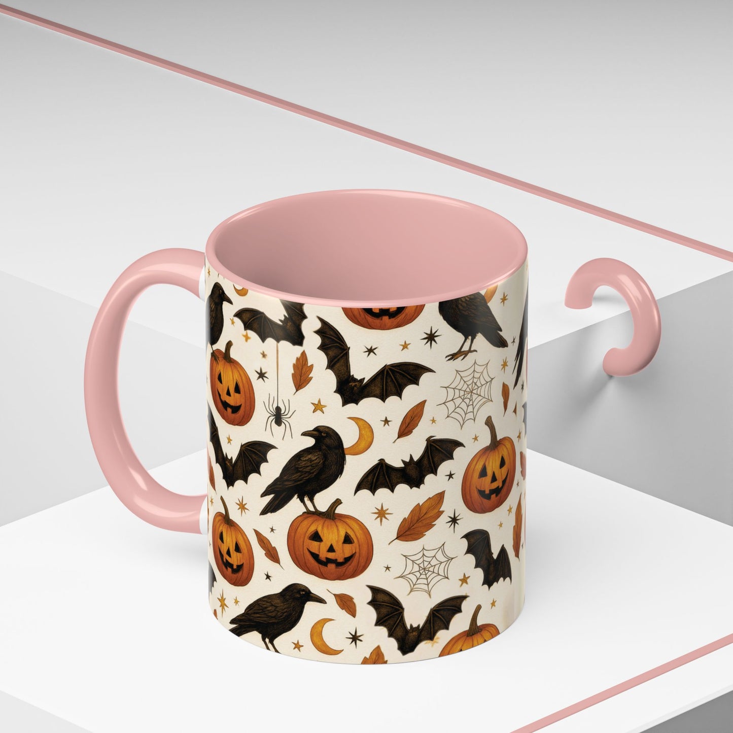 Halloween Raven & Pumpkin Color Accent Mug – Gothic Crow, Bats & Jack-o’-Lantern Coffee Cup (11oz & 15oz) – Spooky Autumn Drinkware
