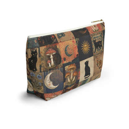 Witchy Patchwork Accessory Pouch – Black Cat Moon Mushroom Cosmetic Bag