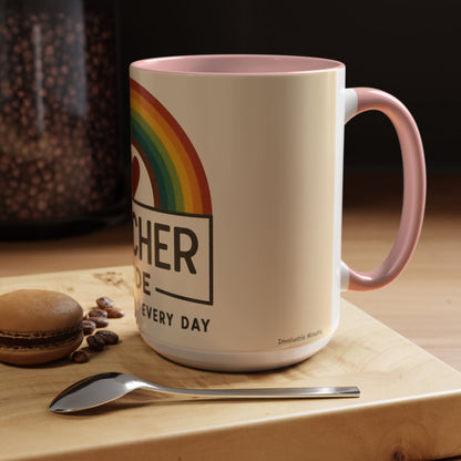 Teacher Mode – Color Accent Mug (11oz/15oz) • Rainbow Heart • Teacher Gift • Dishwasher & Microwave Safe