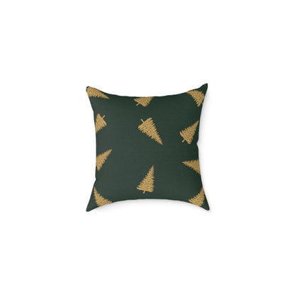 Emerald Gift Box Throw Pillow – Green & Gold Present with Pine Tree Pattern Back