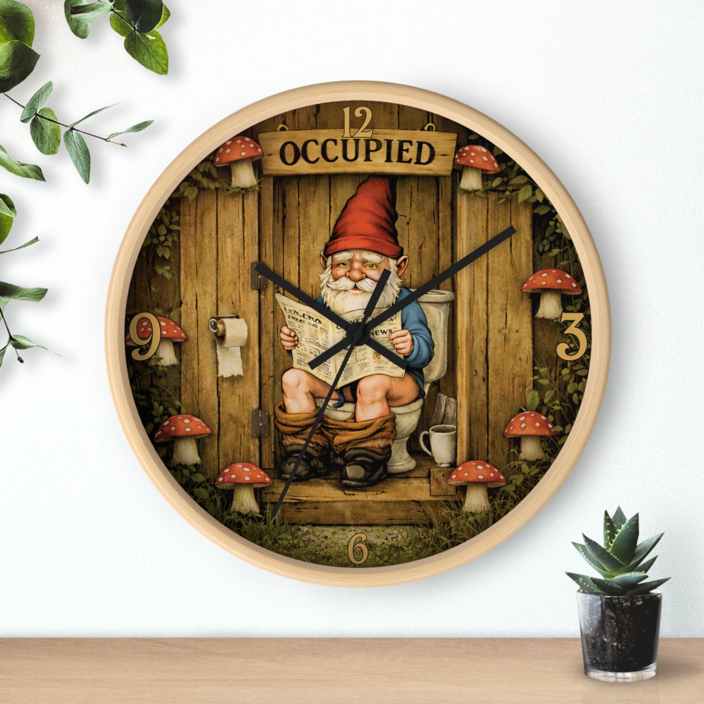 Funny Gnome Toilet Wall Clock – “Occupied” Bathroom Decor 10"