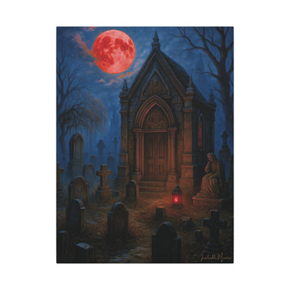 "Blood Moon Mausoleum" – Gothic Graveyard Fine Art Matte Canvas Print (Vertical)