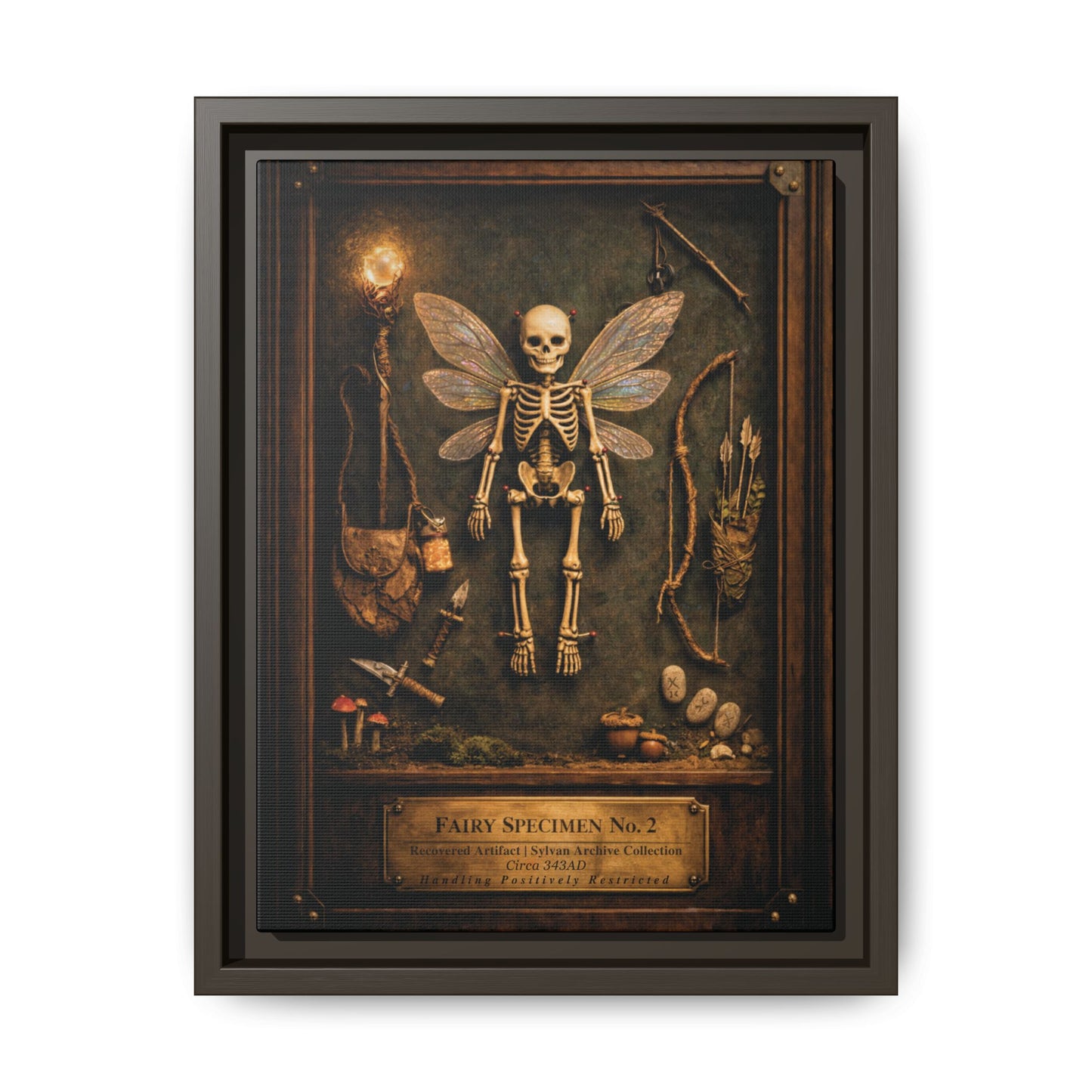 Fairy Specimen No. 2 Framed Canvas Print – Skeletal Fairy Wall Art, Dark Curiosity Cabinet Decor