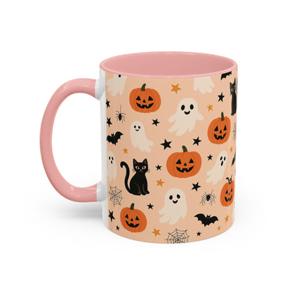 Halloween Color Accent Mug – Ghosts, Pumpkins & Black Cats, Fall Coffee Cup (11oz & 15oz) – Boutique Spooky Season Drinkware
