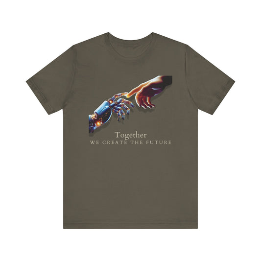 Robotic & Human Hand Touching Jersey Tee - "Together We Create the Future" - Inspirational T-Shirt - Soft, Comfortable Graphic Tee