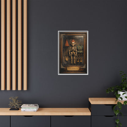 Gnome Specimen No. 6 Framed Canvas Print – Dark Curiosity Cabinet Wall Art, Gothic Skeleton Gnome Decor
