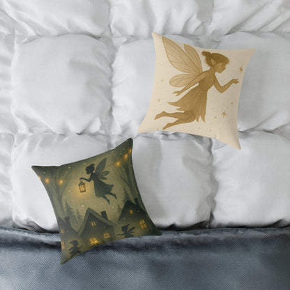 Winter Night Fairies Throw Pillow – Lantern Village Scene Dual-Sided Canvas Cushion