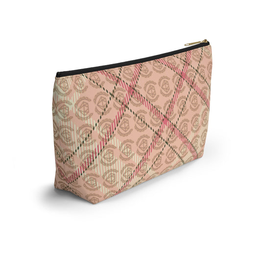 Elegant Plaid T-Bottom Accessory Pouch • Soft Pink Travel Bag with Boutique Monogram • Small or Large Sizes