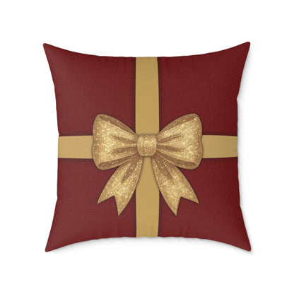 Red & Gold Gift Box Throw Pillow – Holiday Present Canvas Cushion with Holly Back
