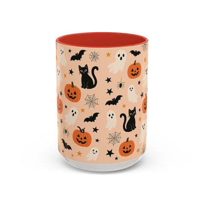 Halloween Color Accent Mug – Ghosts, Pumpkins & Black Cats, Fall Coffee Cup (11oz & 15oz) – Boutique Spooky Season Drinkware