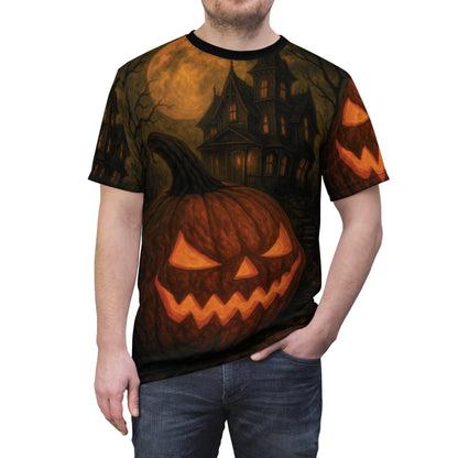 Haunted Jack-O’-Lantern – Gothic AOP Unisex Halloween T-Shirt | Pumpkin & Haunted House Tee