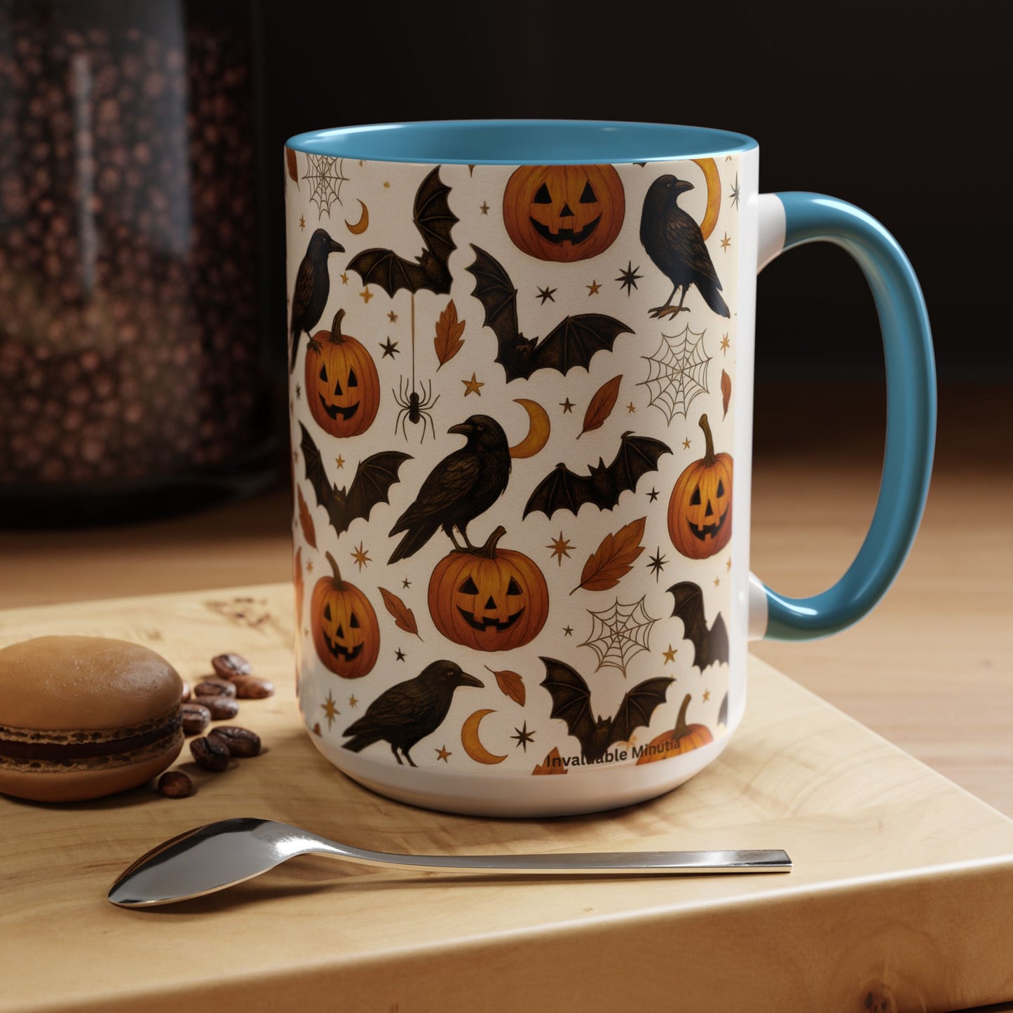 Halloween Raven & Pumpkin Color Accent Mug – Gothic Crow, Bats & Jack-o’-Lantern Coffee Cup (11oz & 15oz) – Spooky Autumn Drinkware