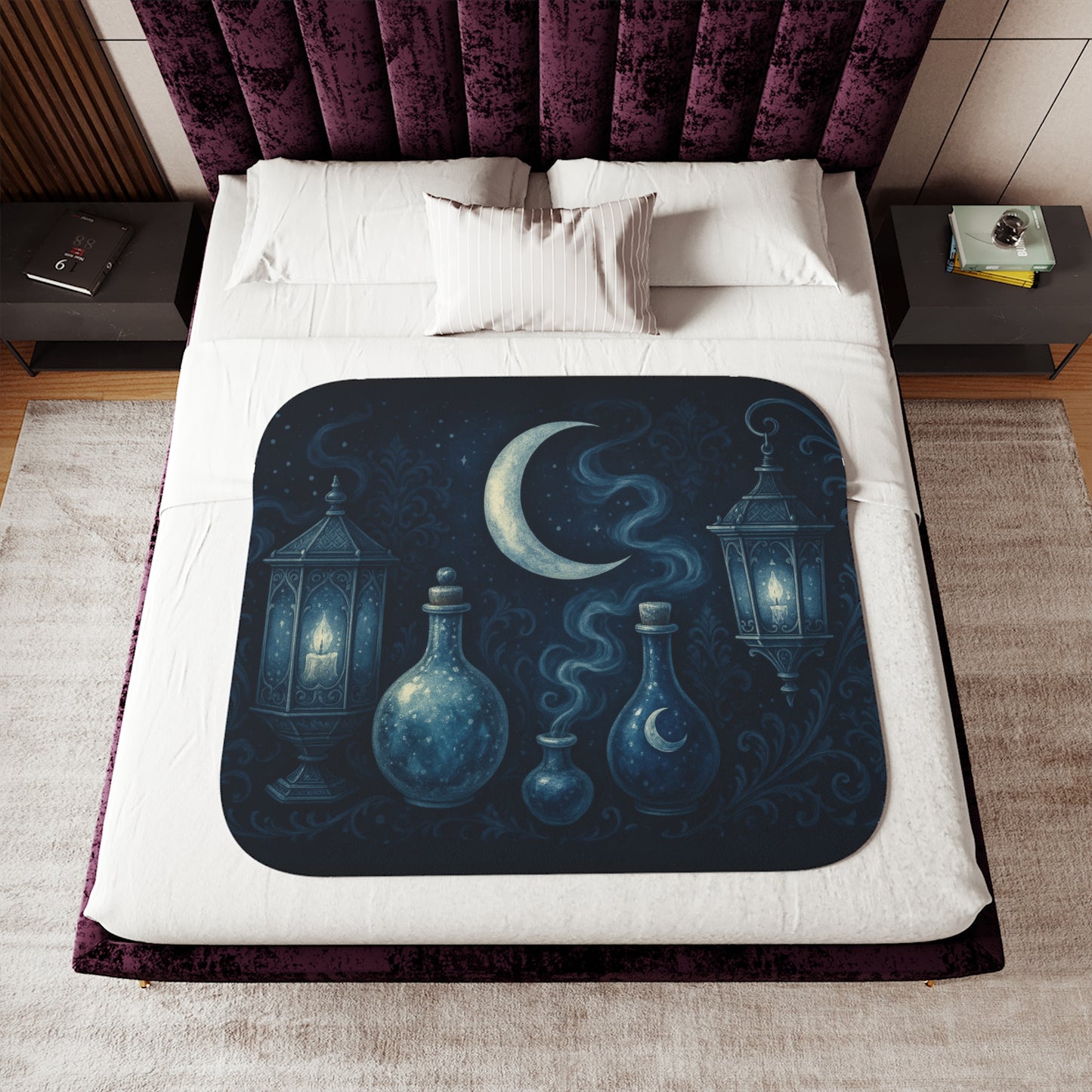Witchy Winter Sherpa Blanket – Crescent Moon, Lanterns & Potion Bottles