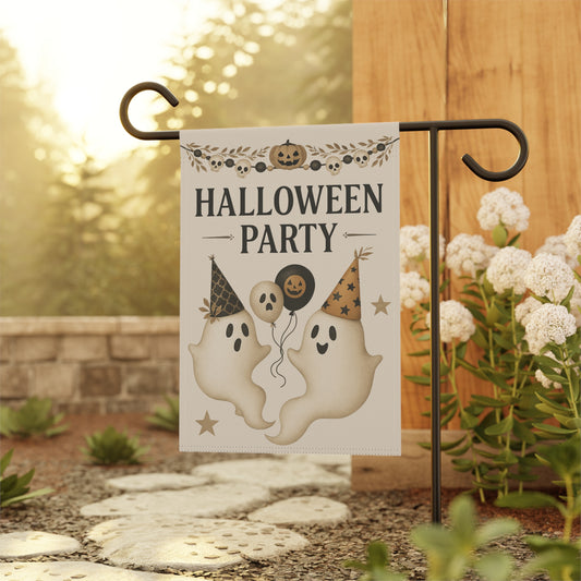 Halloween Party Garden Flag – Cream Background Ghosts with Balloons & Party Hats | Vintage Outdoor Halloween Decor
