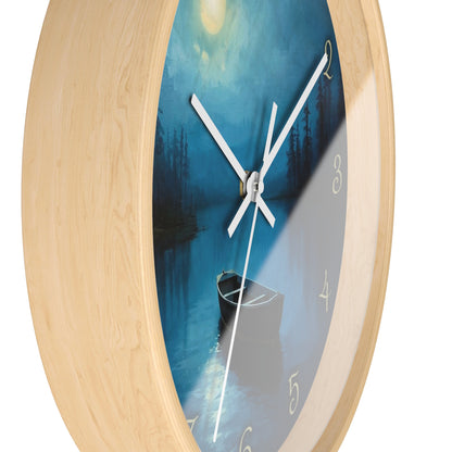 Moonlit Lake Wall Clock – Serene Night Boat Scene 10" Decor